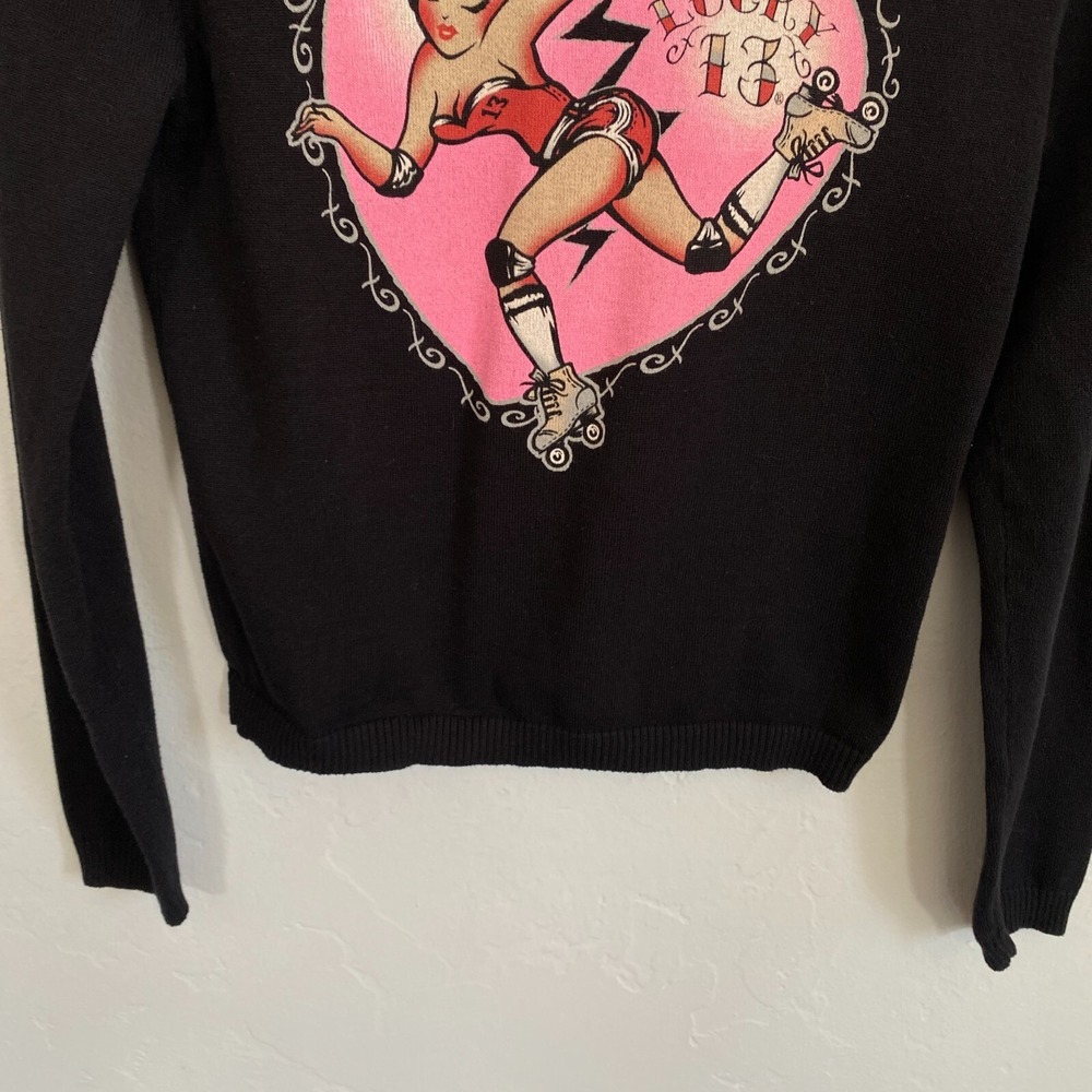 Lucky 13 Cardigan Women Sz Medium Black Burlesque Pin Up Girls Heartbreaker Y2K - Picture 11 of 11